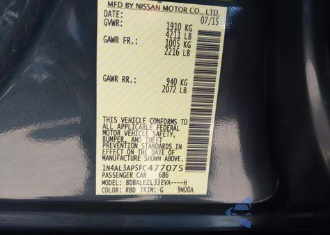 2015 Nissan Altima 2.5 S z USA, uszkodzony, nr VIN 1N4AL3AP5FC477075